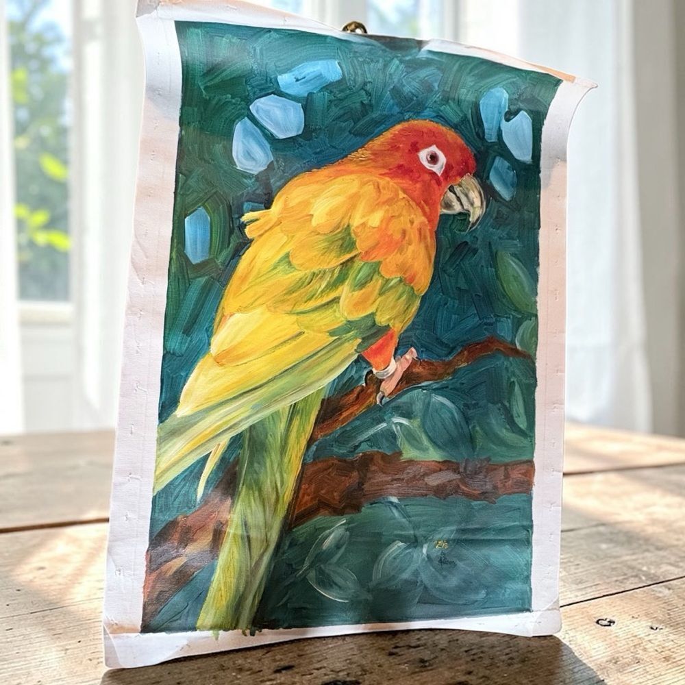 Large Sun Conure Parrot Oil Painting on Canvas – Signed Alison–  31x21